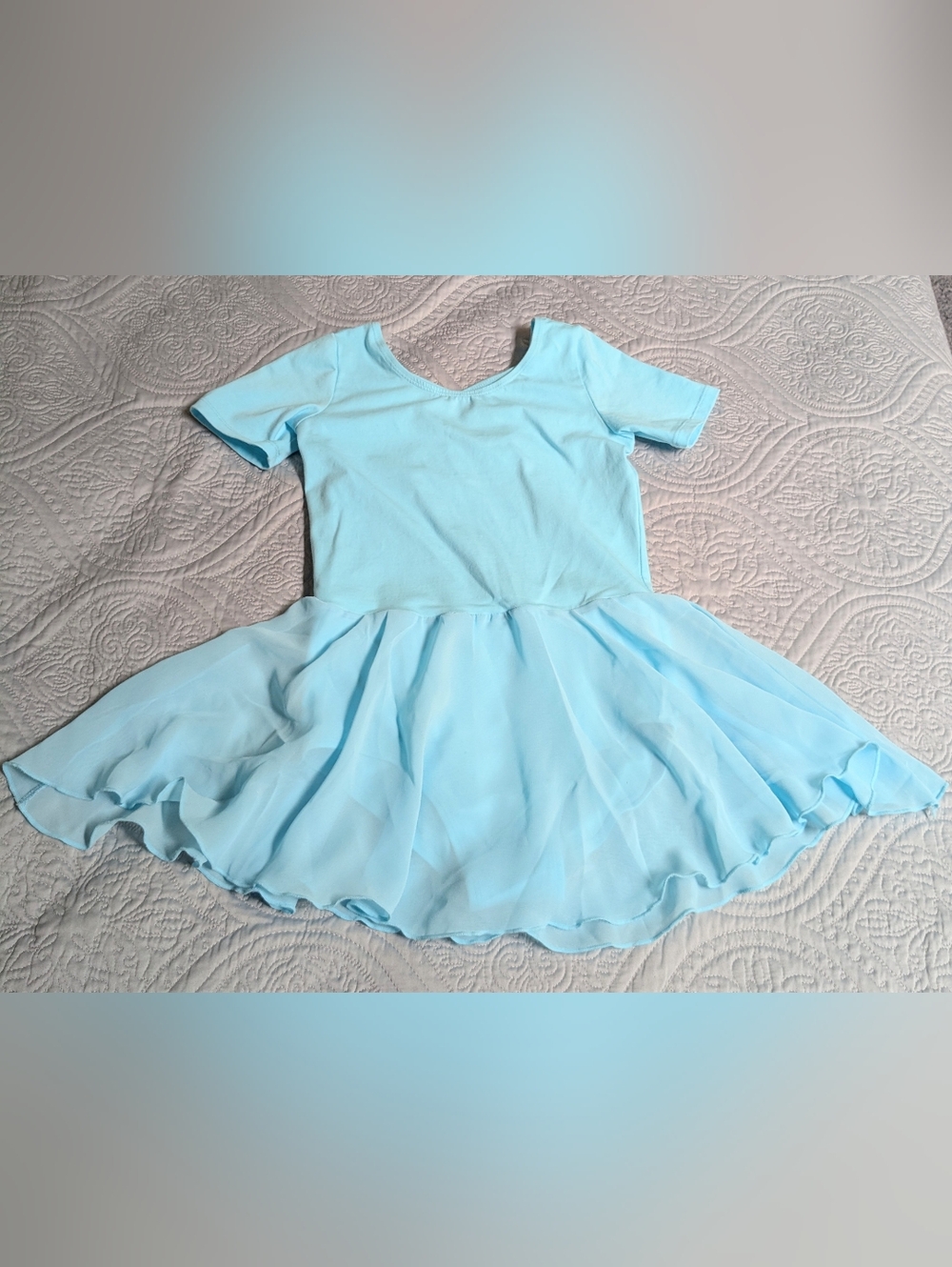 Light Blue Girls' Short Sleeve Ballet Leotard With Skirt